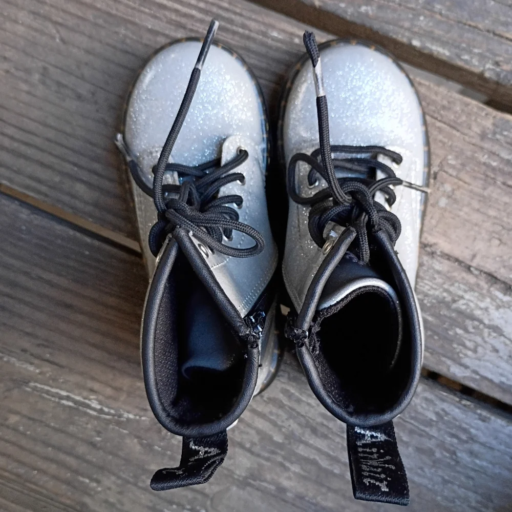 Dr. Martens Silver Glitter Patent Leather Combat Boots Yellow Stitch Toddler 9